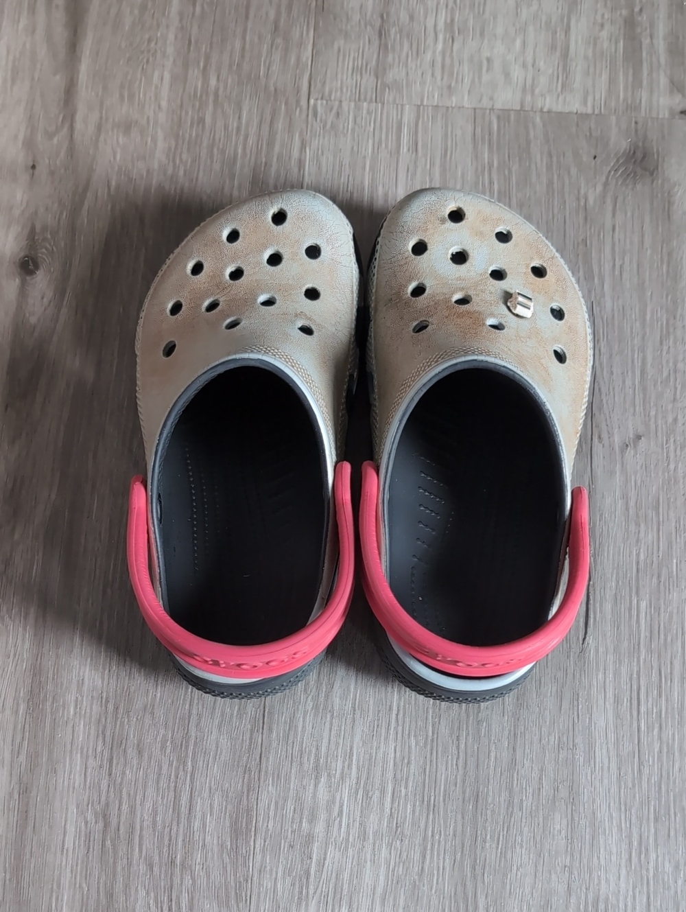 CROCS Kids Beige Foam Clogs with Pink Heel Strap